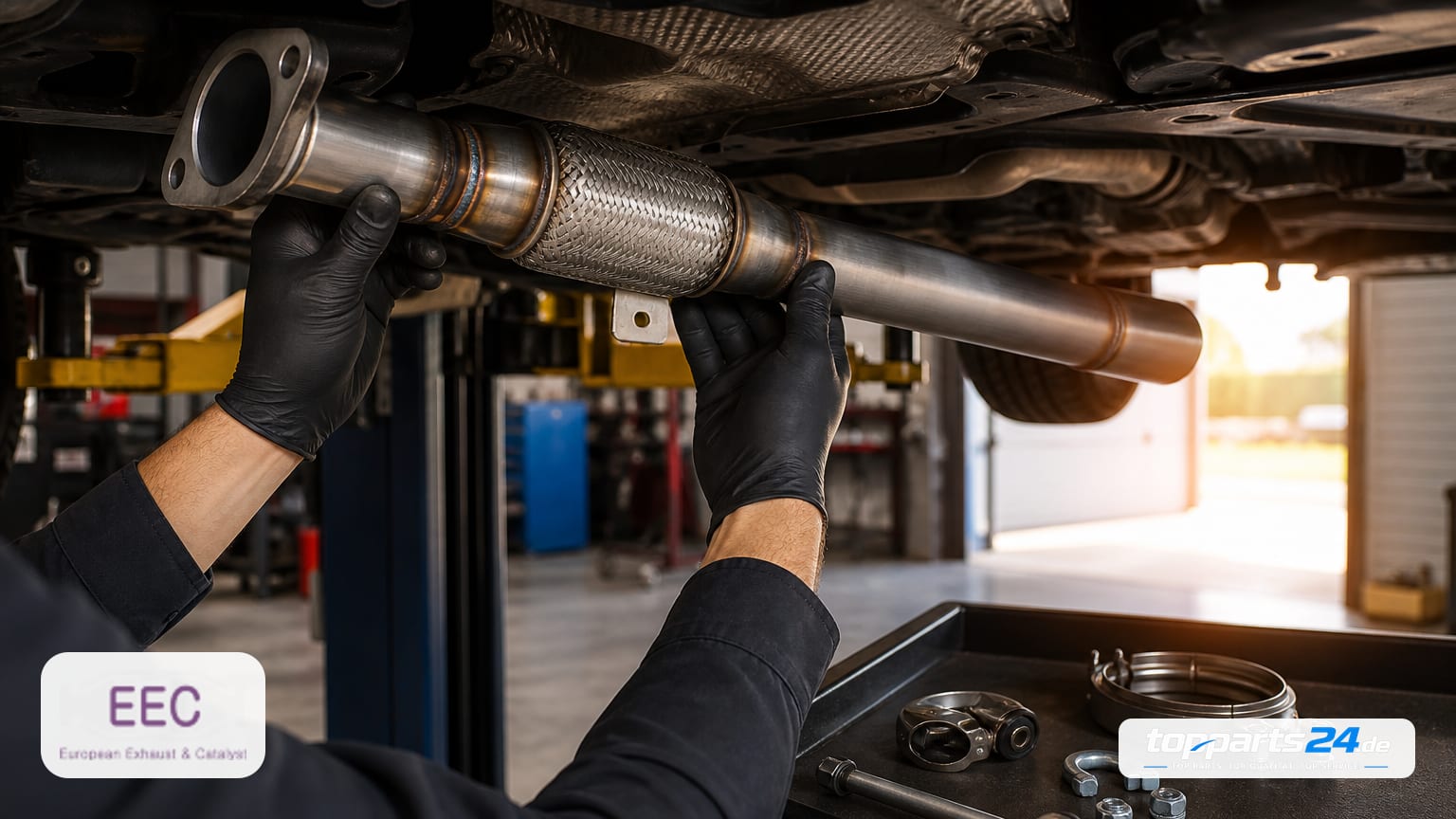 Gloved Mechaniker montiert unter dem angehobenen Fahrzeug einen EEC Katalysator mit sichtbarer, geflochtener Flexsektion, ovaler Flanschaufnahme und langem Auslassrohr; Werkstatt im Hintergrund…