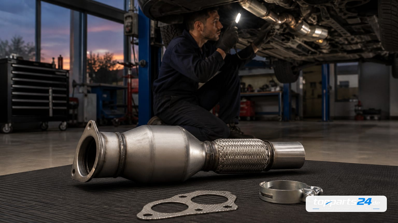 Mechaniker prüft mit Arbeitslampe den vorderen Bereich der Abgasanlage am aufgebockten Fahrzeug; im Vordergrund liegt ein neuer ASSO Katalysator mit ovalem Gehäuse, Flexstück und geradem Rohr auf…