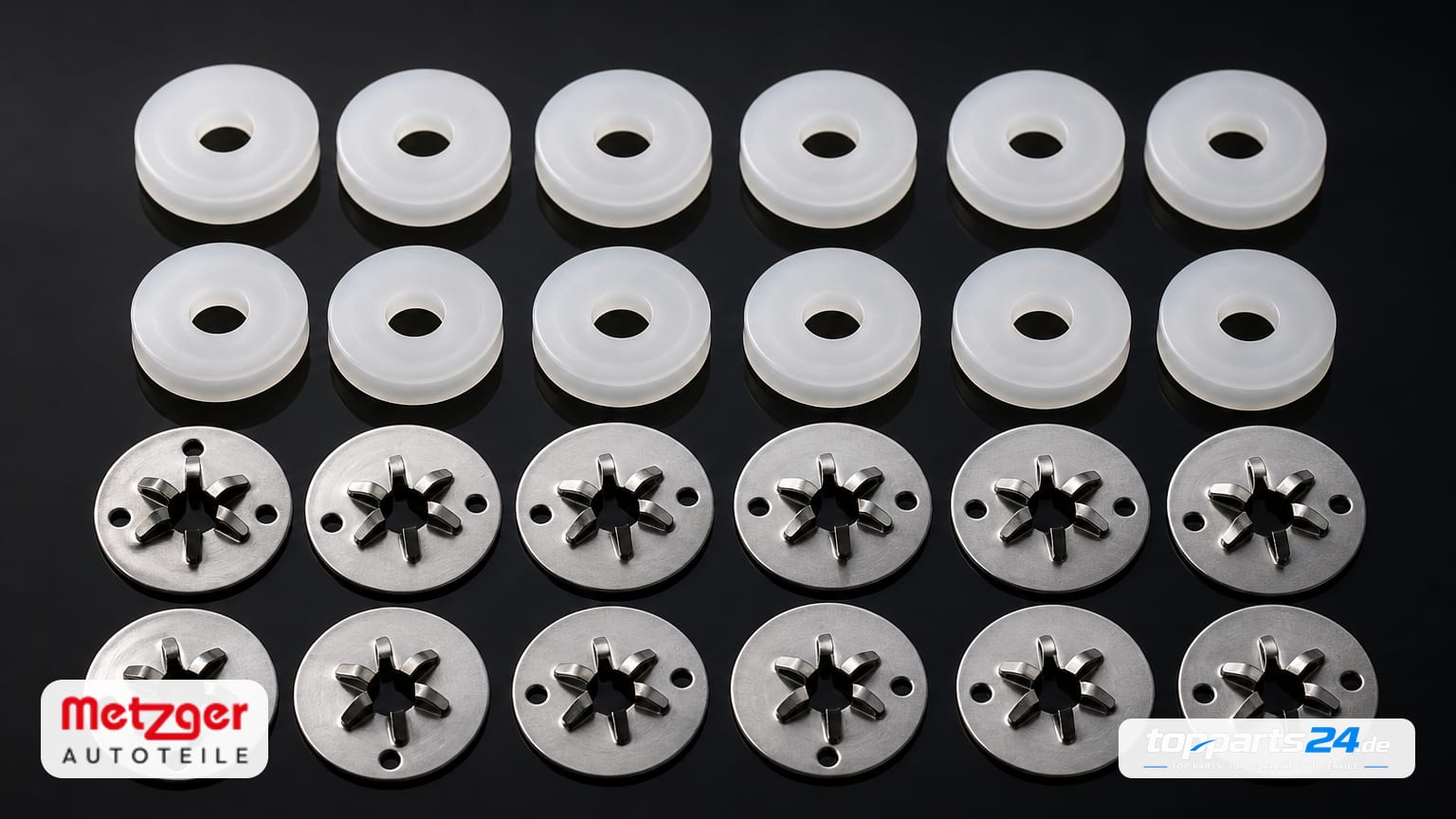 METZGER AUTOTEILE Halteclipsatz, Hitzeschutzblech – runde Metall-Sternclips und milchig-weiße Kunststoffscheiben auf dunkler, glänzender Fläche.