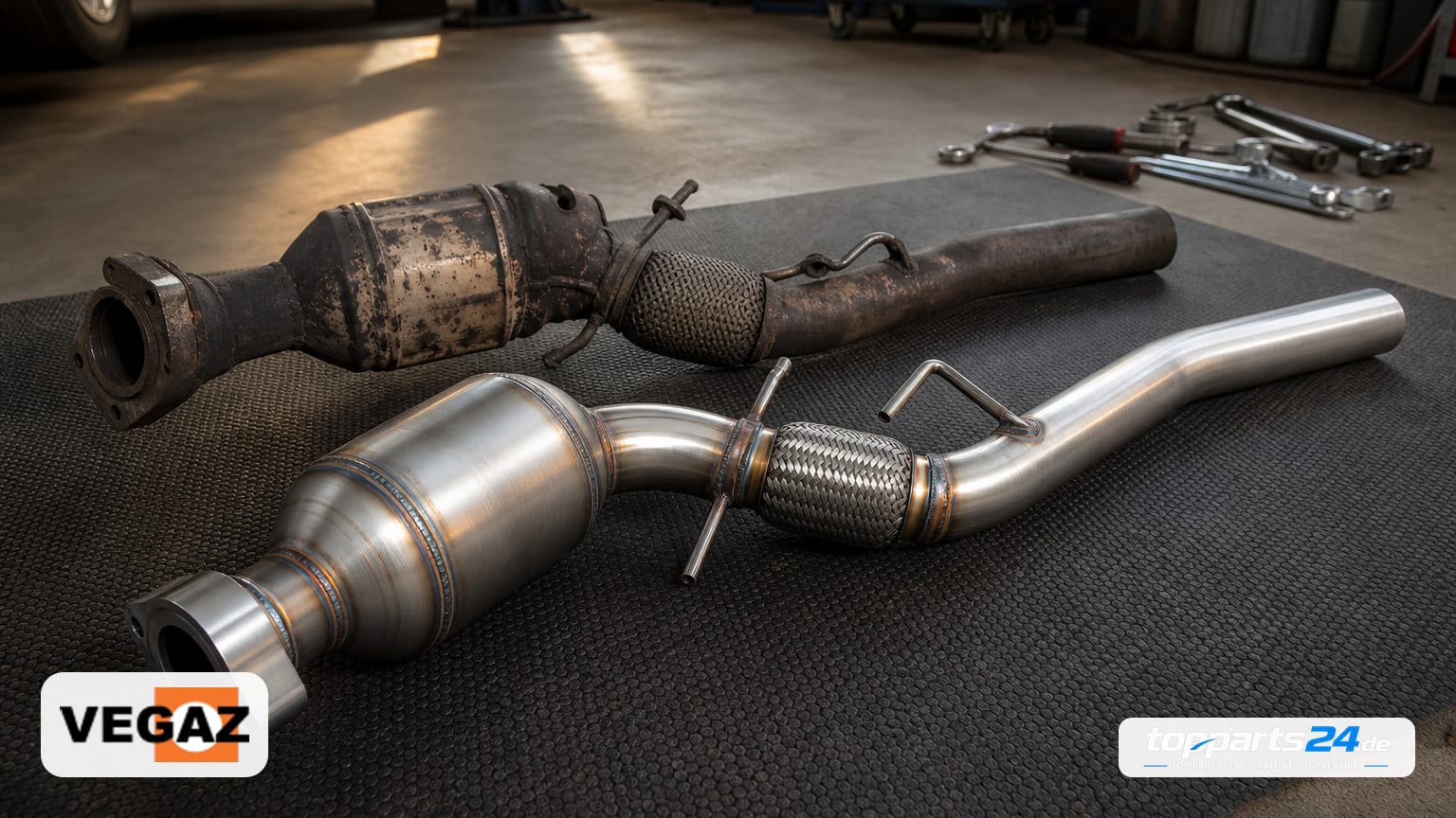 Neuer VEGAZ GmbH Katalysator mit flexibler Sektion und Haltern neben einem gebrauchten, verschlissenen Katalysator auf einer Werkstattmatte.